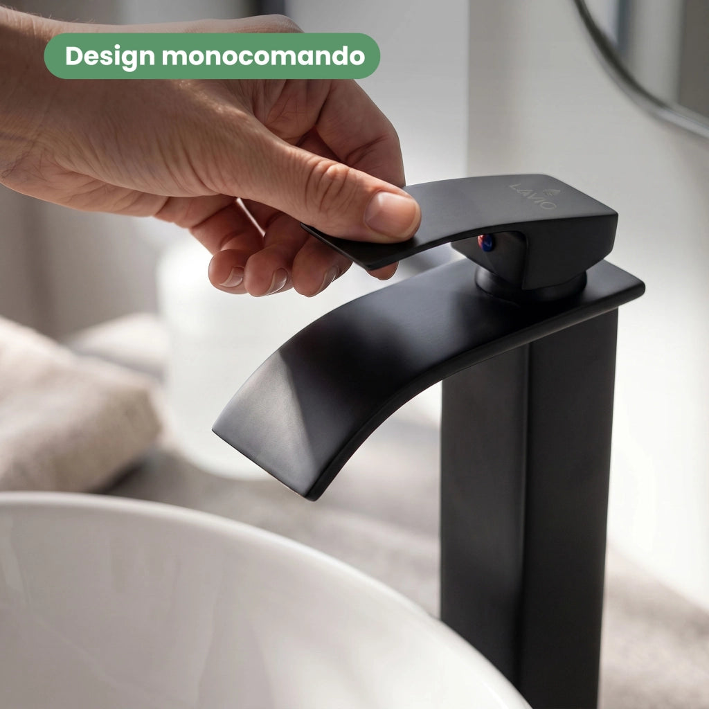 Rubinetto lavabo alto a cascata nero da appoggio miscelatore bagno EVIO