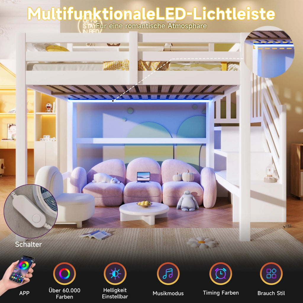 Letto castello 140x200 LED stivaggio scala vano bianco