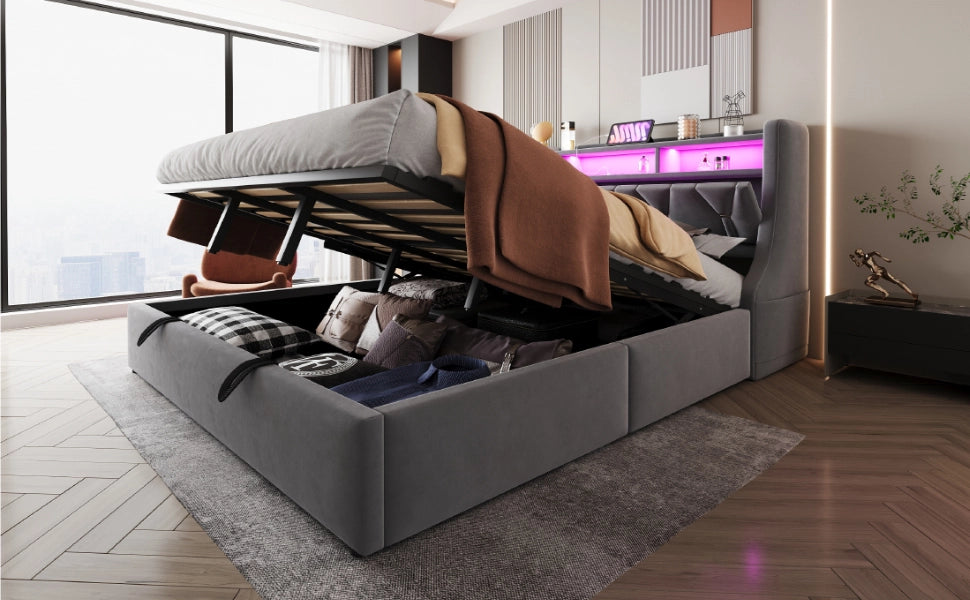 DESMIU Letto Matrimoniale 180 × 200 cm con Contenitore idraulico, USB, Type-C, LED, senza materasso, in velluto, grigio
