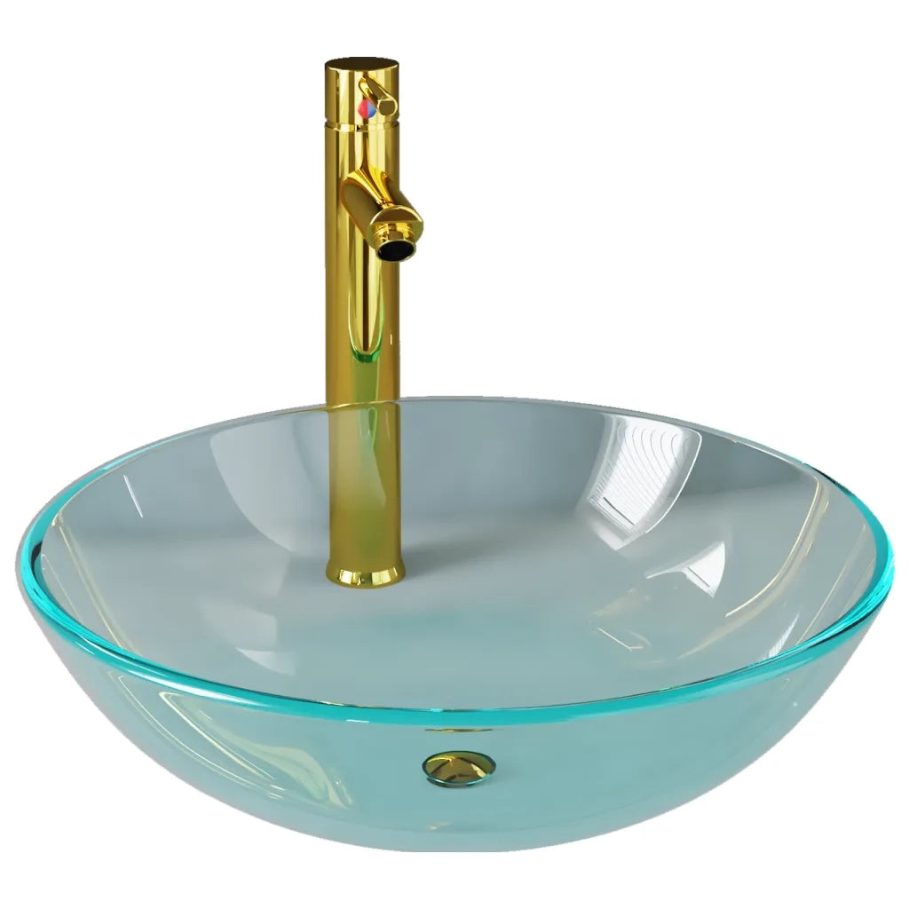 Lavandino con Rubinetto e Piletta a Pressione-Lavabo-Lavello Vetro Temperato 637569