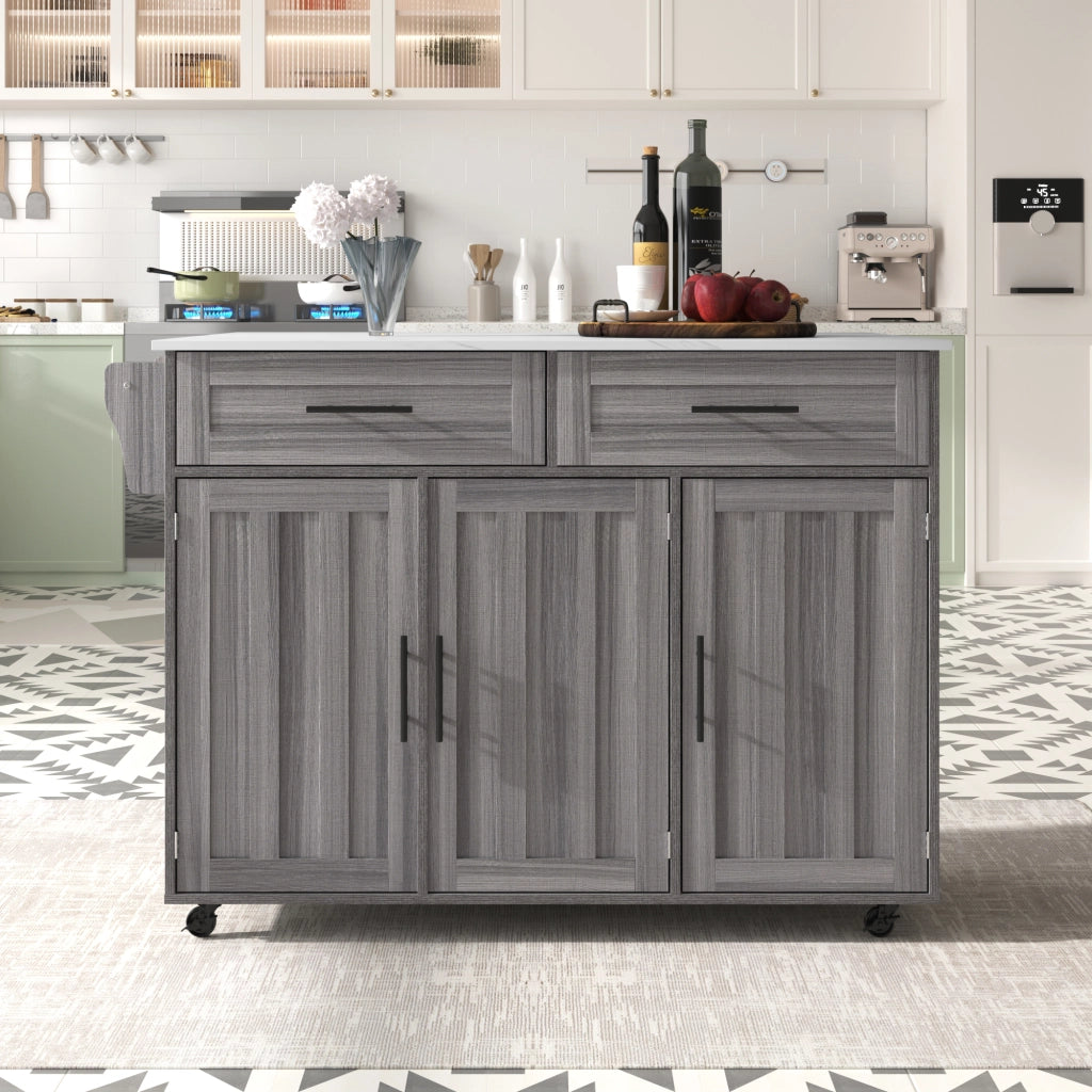 Carrello cucina con piano allungabile 129x46/71x91,5/95 cm, MDF grigio e bianco, con ruote e ripiani regolabili
