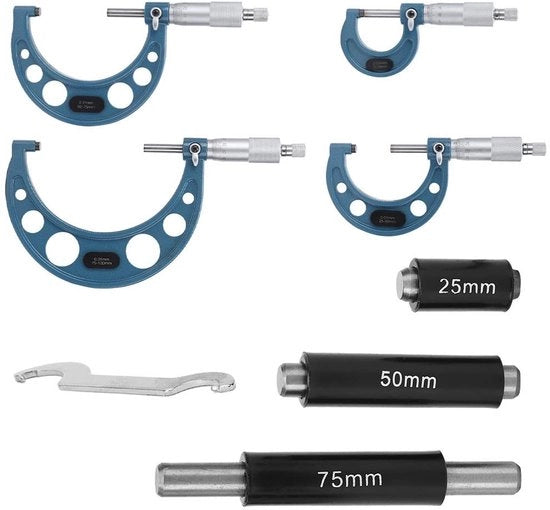 Set di misurazione esterna 4 pezzi - Micrometro metrico 0-100 mm - Alta precisione 0,01 mm - Scatola di conservazione - Ideale per misurazioni di lunghezza/diametro/diametro esterno