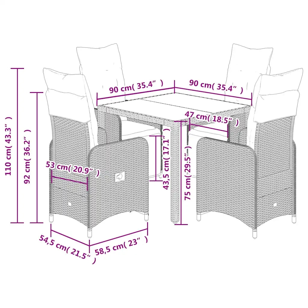 Set Bistrò da Giardino 5 pz con Cuscini in Polyrattan Grigio