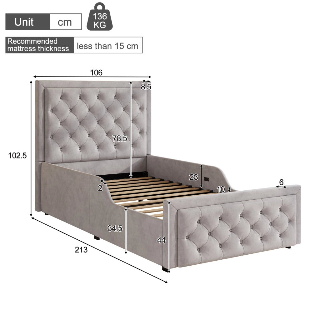 LETTO imbottito 90x200 cm con contenitore idraulico, velluto grigio