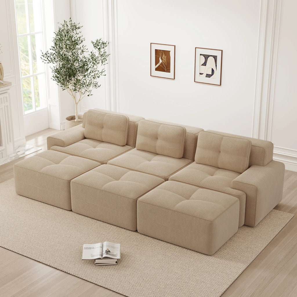 Divano Angolare Modulare 3 Posti con Pouf ¨C Xylo ¨C Beige, Tessuto Cord, con Dormeuse