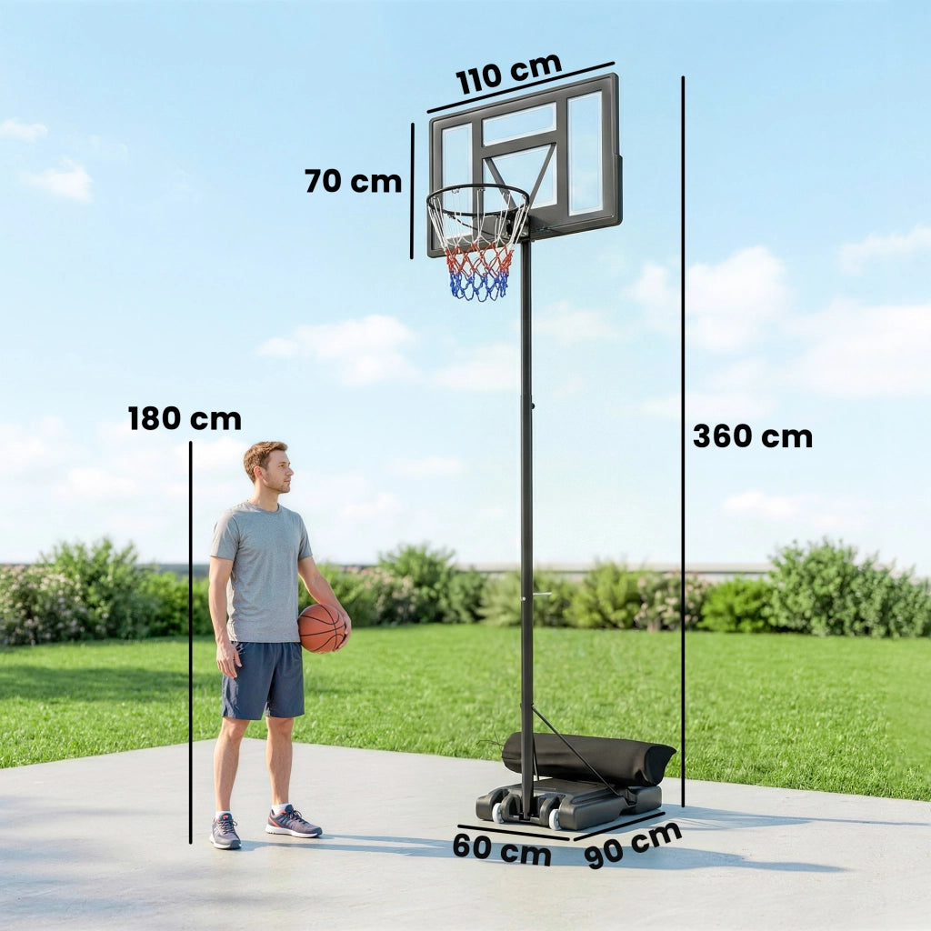 Canestro Basket con Altezza Regolabile 1.3-3 m. Base Riempibile e Ruote. Nero