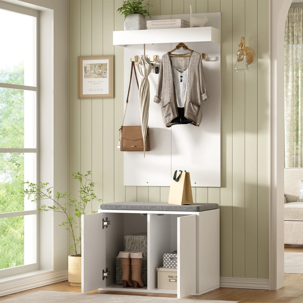 APPENDIABITI 3 in 1 con 4 ganci, scarpiera a 2 ante e panca 60x35x(45+100) cm bianco