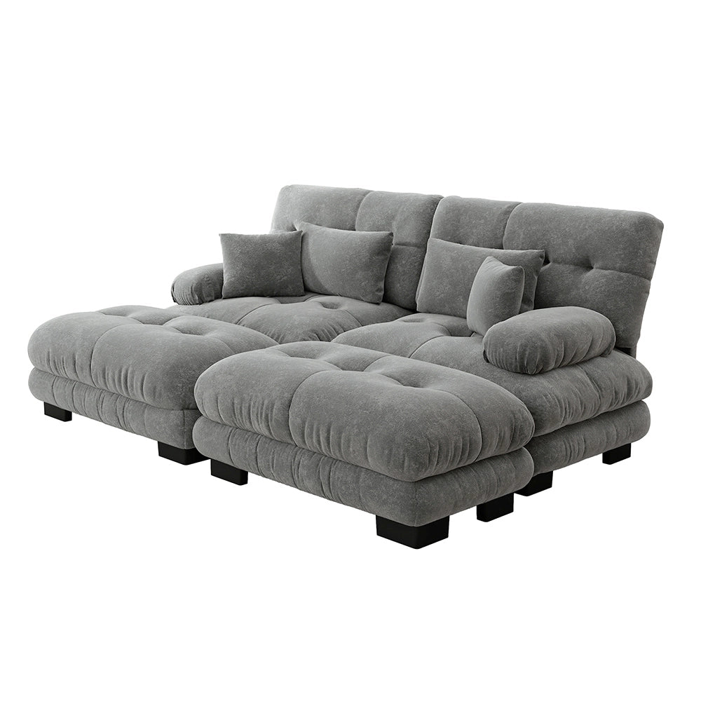 Divano angolare Cloud - Xylo - 2 posti in chenille con 2 cuscini lombari e 2 pouf, grigio