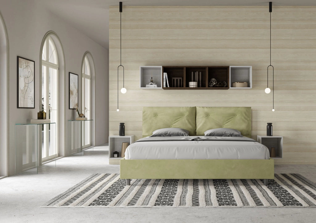 BS COM Letto matrimoniale king size con rete imbottito 190x200 microfibra tè verde Large
