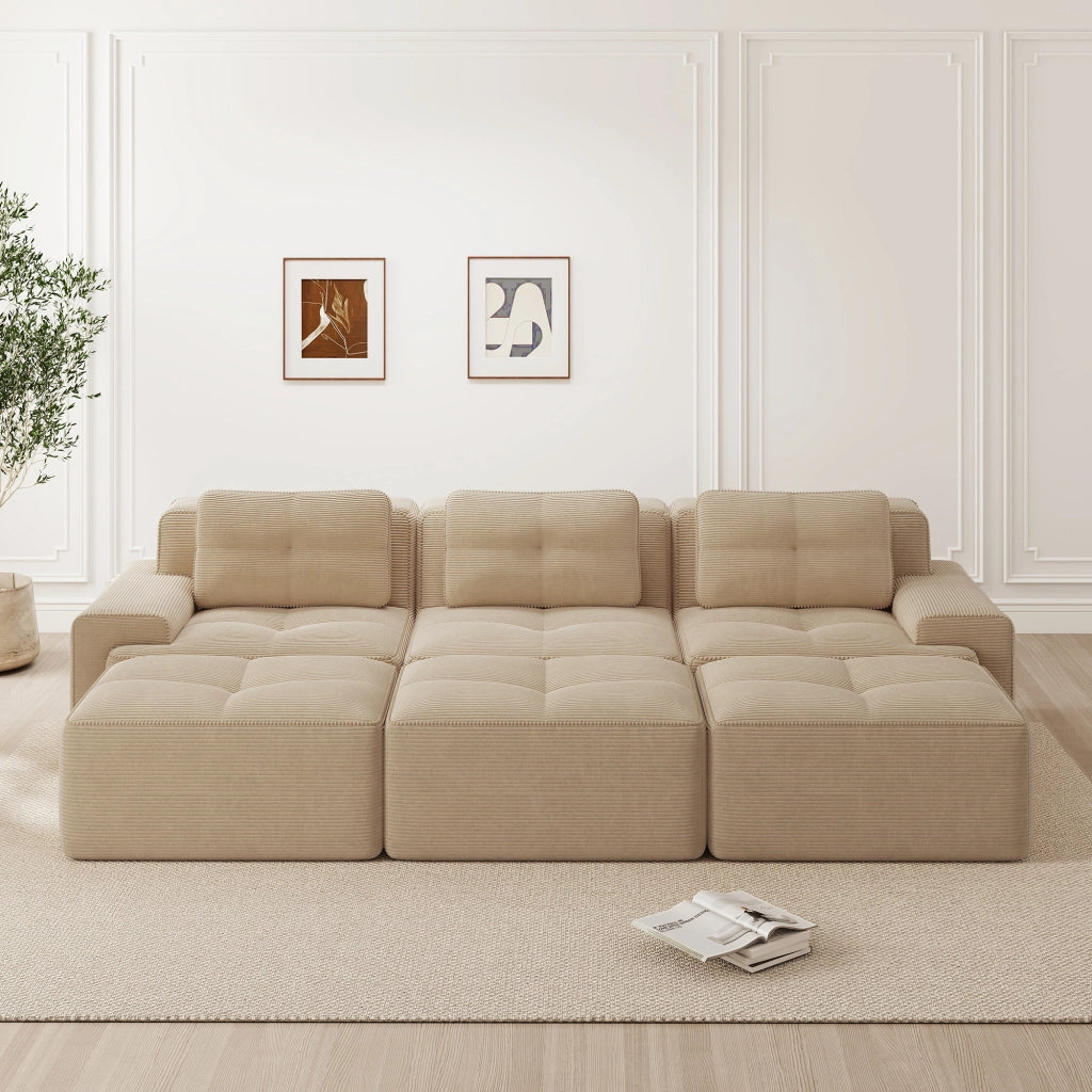 Divano Angolare Modulare 3 Posti con Pouf ¨C Xylo ¨C Beige, Tessuto Cord, con Dormeuse