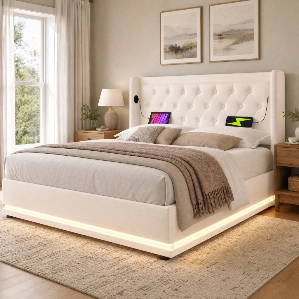 LETTO CONTENITORE 140x200 cm PU Bianco con USB, Type-C e LED a 3 lati