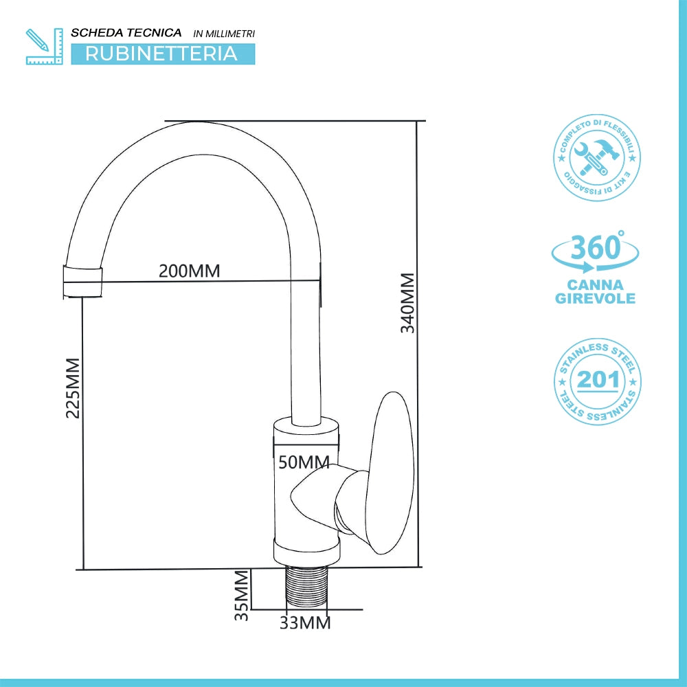 Lavatoio in resina 60x34 bianco con miscelatore a canna alta inox e scarico incluso
