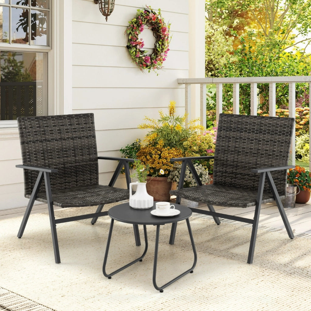 Set bistro da 3 pezzi per patio con schienale e seduta in rattan, Set conversazioni con tavolino rotondo per balcone Grigio