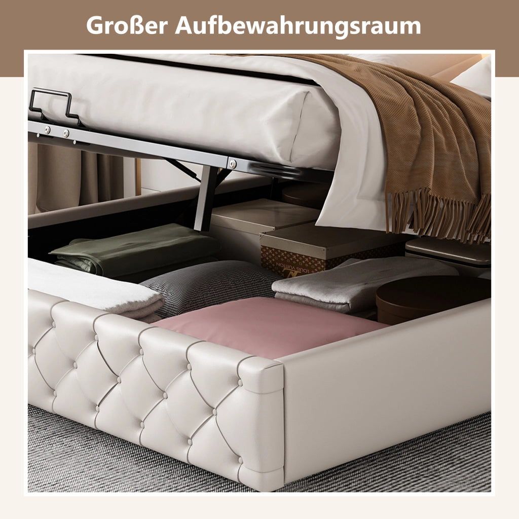 DESMIU Letto contenitore 160 × 200 cm 2 posti con LED regolabile e vano contenitore, senza materasso, in PU, bianco