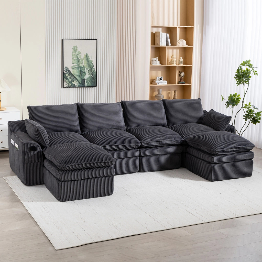 Divano Modulare 4 Posti con 2 Pouf ¨C MINIMAL ¨C Tessuto a Coste, Cuscini, Tasche Laterali, Grigio Scuro