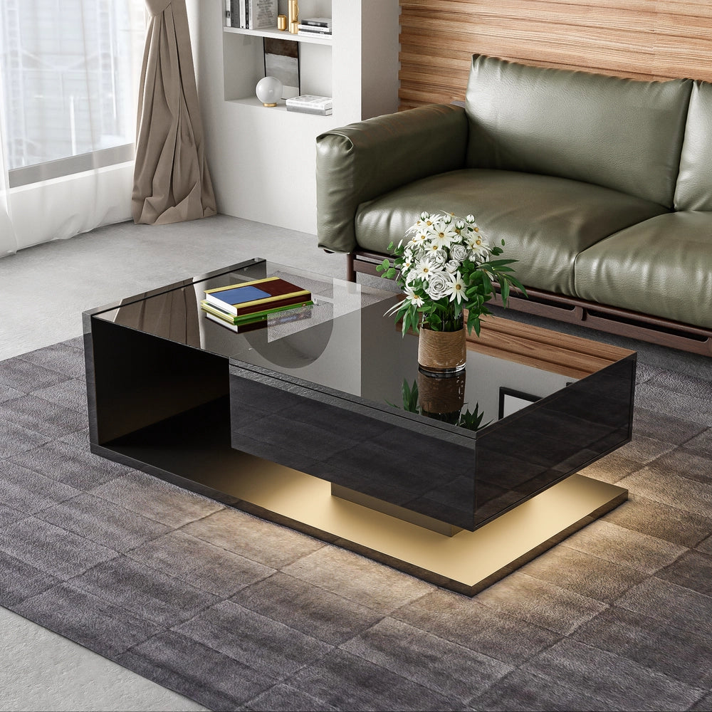 Tavolino da Caff¨¨ con LED e Vetro ¨C MINIMAL ¨C Nero Lucido
