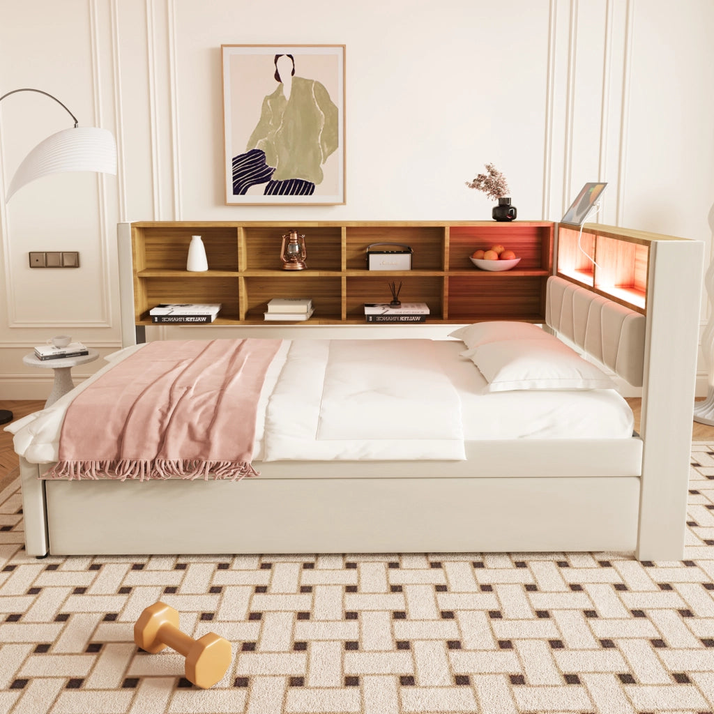 DIVANO LETTO Estraibile 90x200 cm Flanella Beige con LED e prese