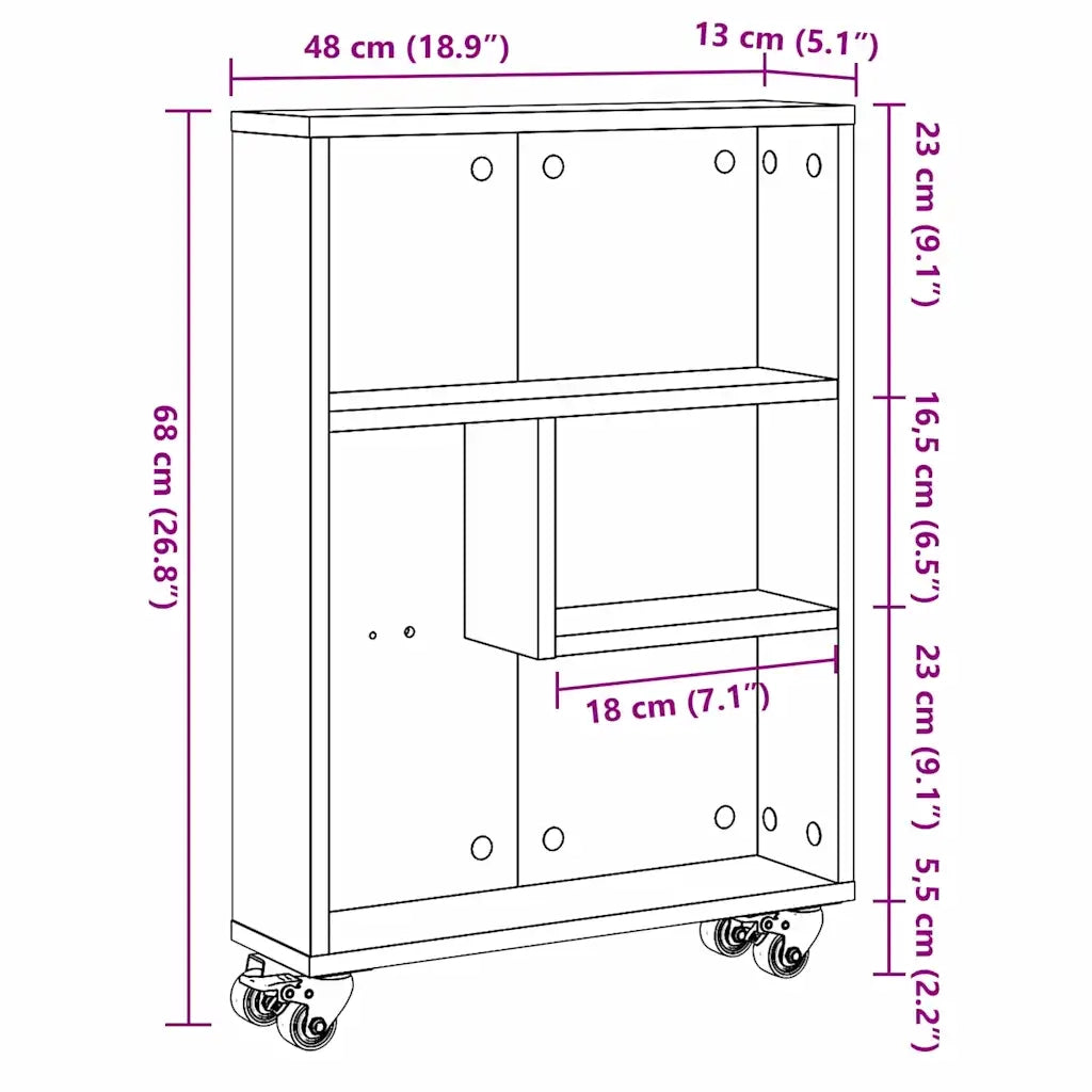 Carrello di Stoccaggio Stretto Rovere Nero 48 x 13 x 68 cm 868090