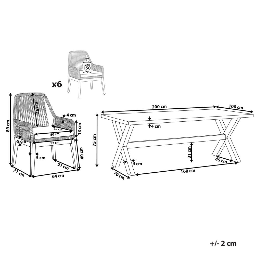 Set da Esterno con Tavolo in Cemento Sintetico  bianco e beige e 6 Sedie in Vimini
