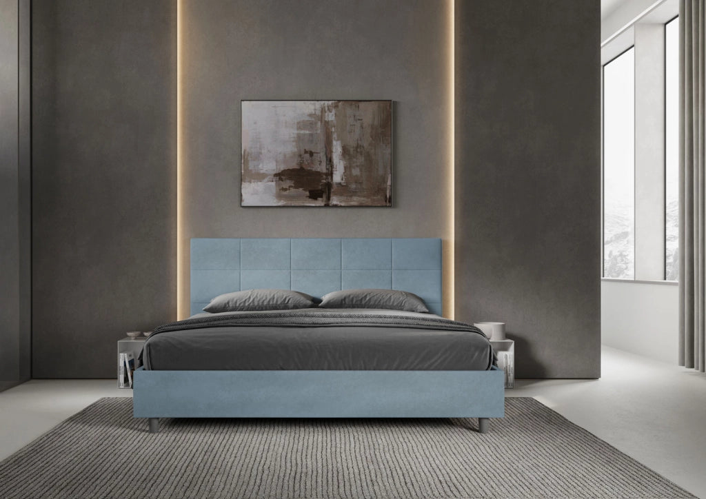 BS COM Letto matrimoniale king size contenitore imbottito 190x200 microfibra azzurro