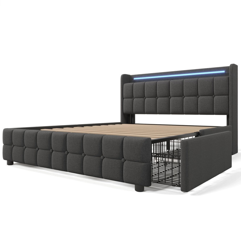 Letto Imbottito con LED, USB e Cassetti ¨C MINIMAL ¨C Grigio, 160x200