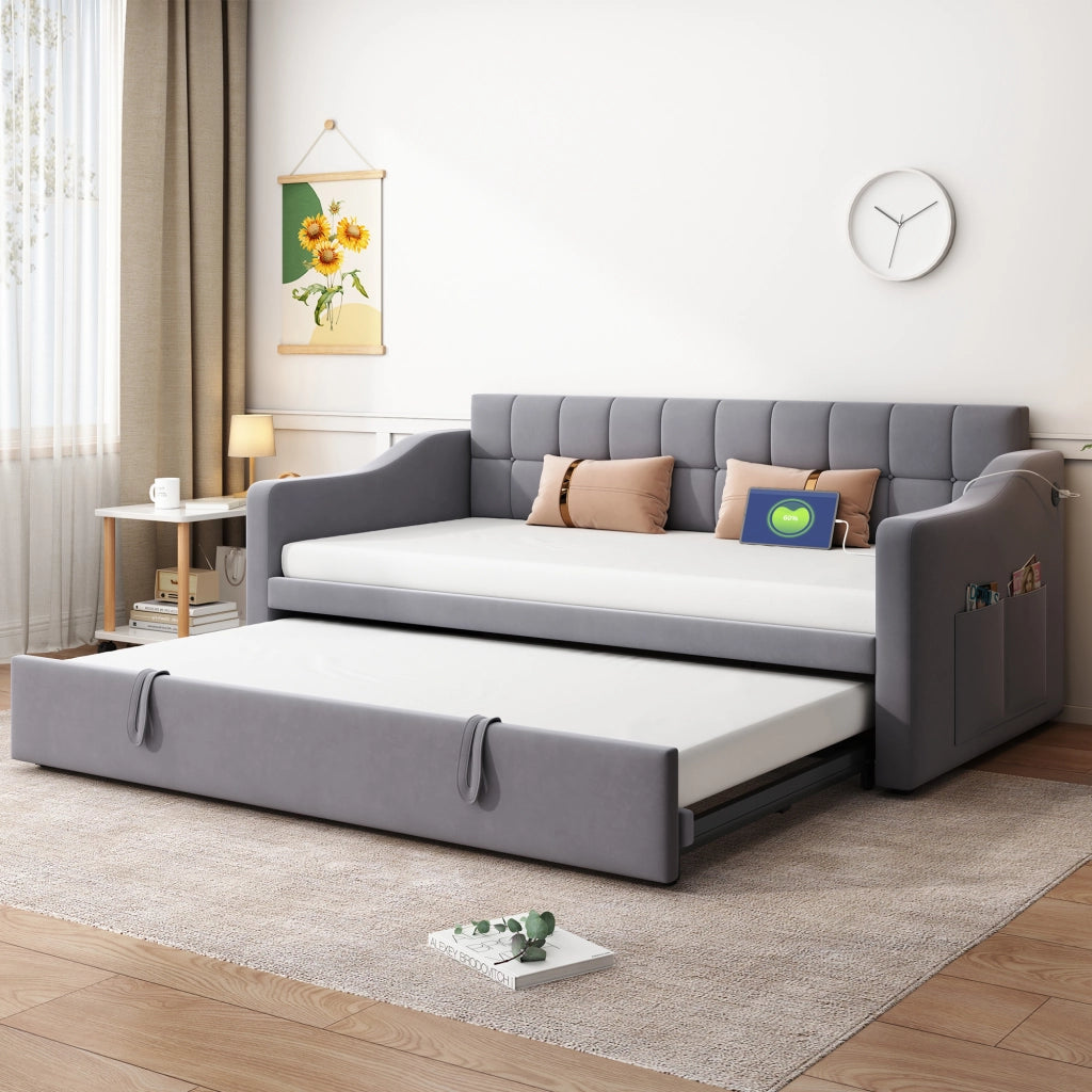 LETTO Estraibile 90x190 cm in Velluto Grigio con porte USB
