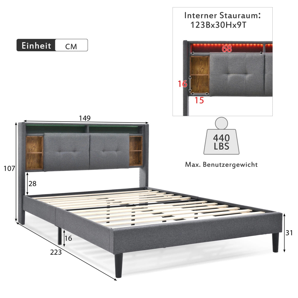 LETTO Matrimoniale 140x200 cm Grigio con testiera contenitore, LED e USB
