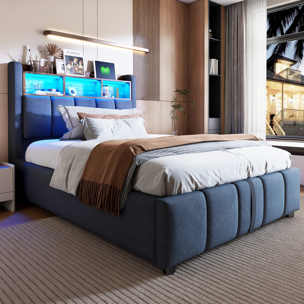 LETTO imbottito 90x200 cm Grigio con LED, USB e vano contenitore
