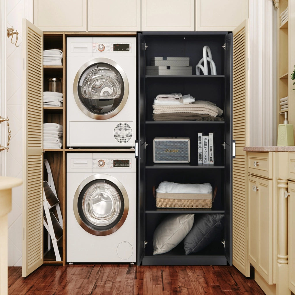 Mobile dispensa alto con 2 ante e ripiani regolabili, Mobile multiuso per cucina lavanderia 59x43,5x178cm Nero