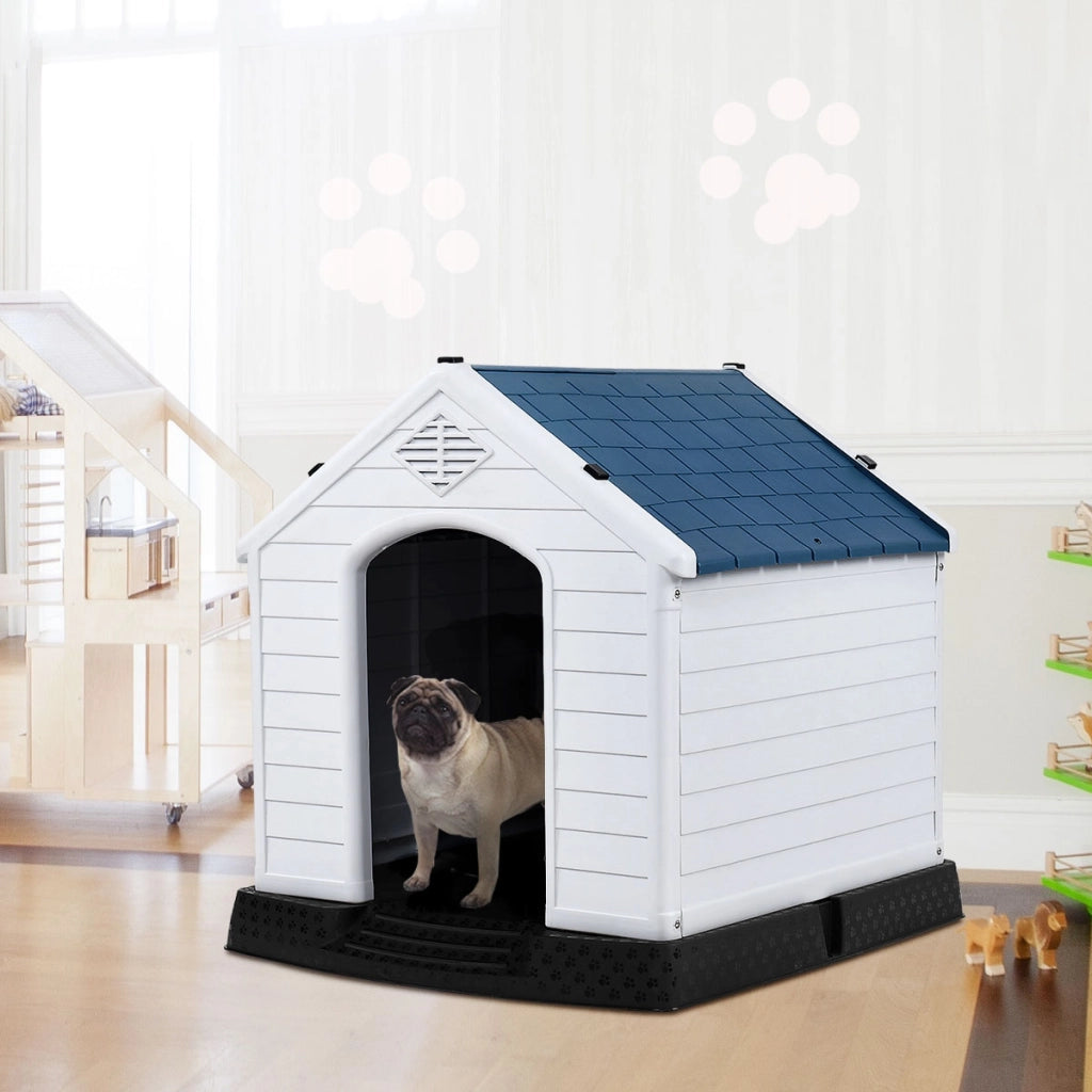 Casetta impermeabile e ventilata per cani, Cuccia con valvole d¡¯aria e pavimento rialzato, Blu
