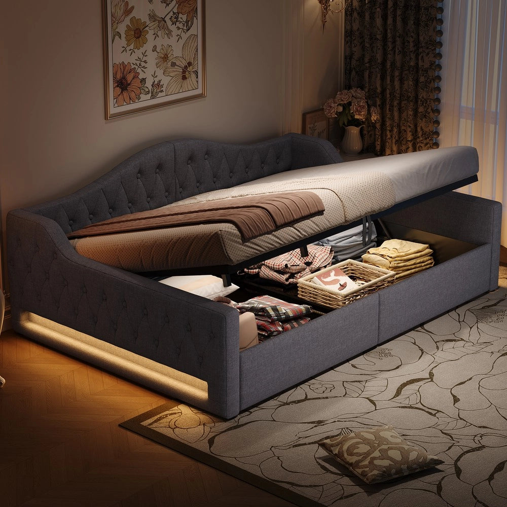 Letto Contenitore Imbottito con LED ¨C MINIMAL ¨C Grigio 140x200
