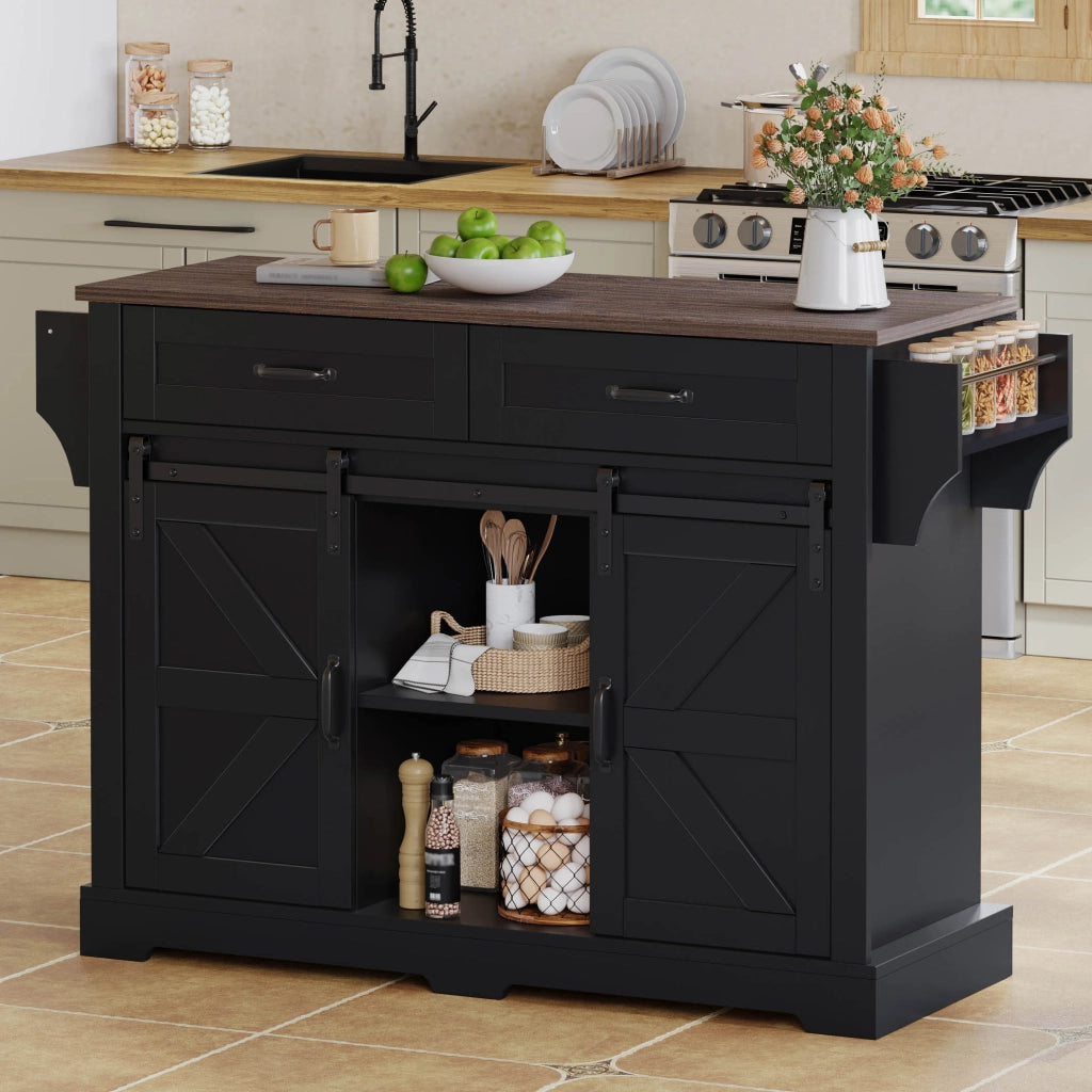 Isola cucina in MDF nero con piano ribaltabile, 2 ante scorrevoli, 2 cassetti e ruote