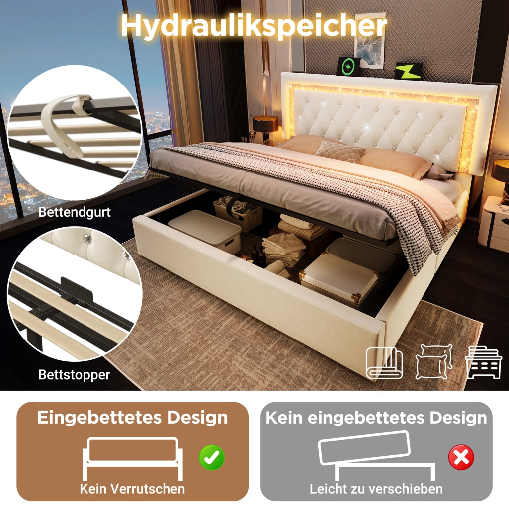 LETTO contenitore 160x200 cm in velluto beige con LED, USB e USB-C