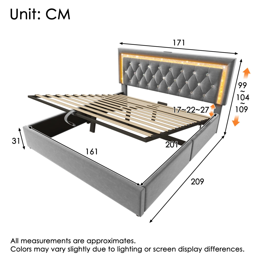 LETTO Contenitore 160x200 cm in velluto grigio con LED e porte USB/USB-C