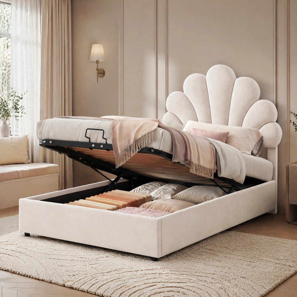 LETTO Imbottito 90x200 cm Beige con contenitore idraulico