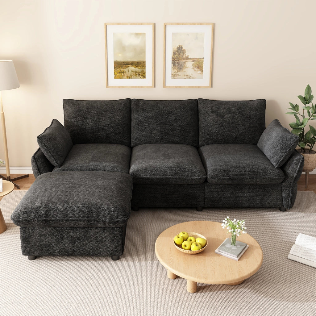 DIVANO ANGOLARE L 222,5x154,5x76,5 cm Chenille Grigio Scuro con pouf e 2 cuscini