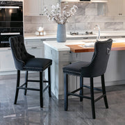 Sgabelli da Bar in Velluto con Gambe in Legno e Bottoni ¨C MINIMAL ¨C Set 2, Nero