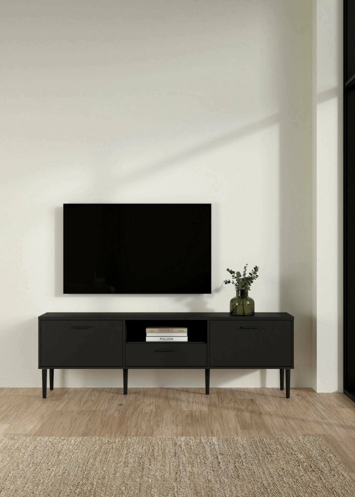 Mobile porta TV Anselme, Credenza da soggiorno, Armadio basso per TV, Base parete attrezzata, 177x40 h57 cm, Nero