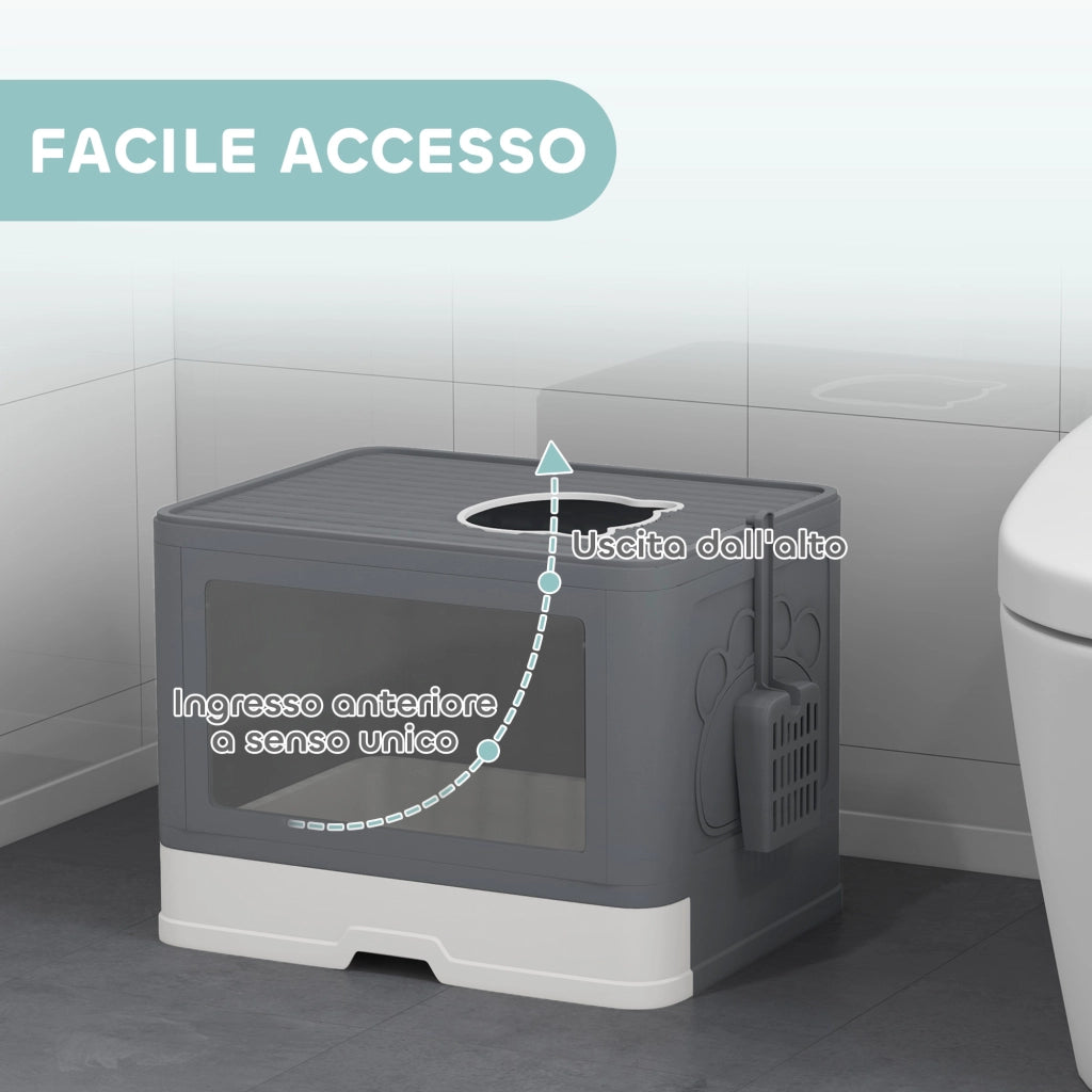Lettiera Chiusa per Gatti con Paletta e Spazzola Integrata Grigio e Bianco