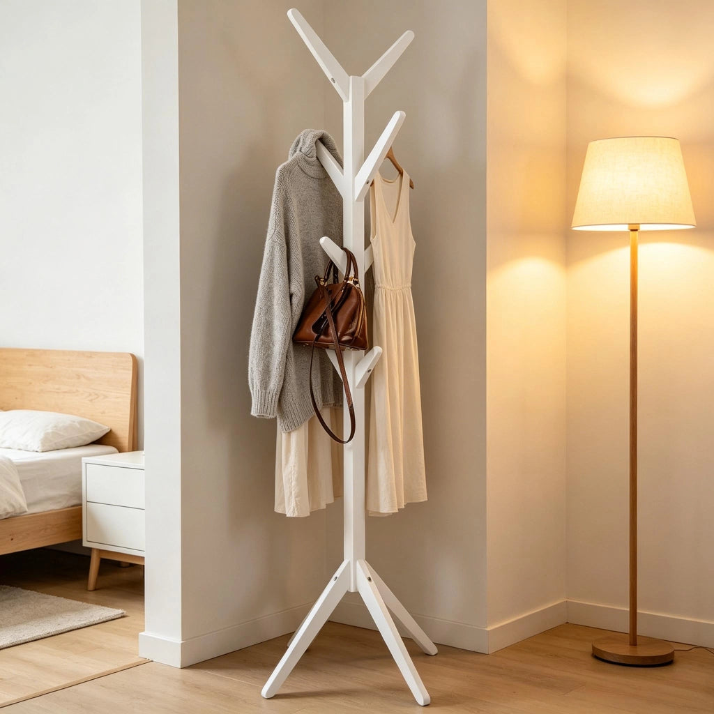 APPENDIABITI da Terra 43x43x180 cm in Legno Massello Bianco con 8 Ganci