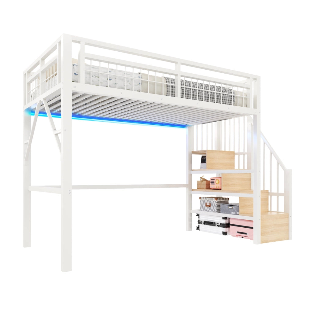 Letto a soppalco 90x200 cm con LED; scala contenitore; metallo e MDF; bianco