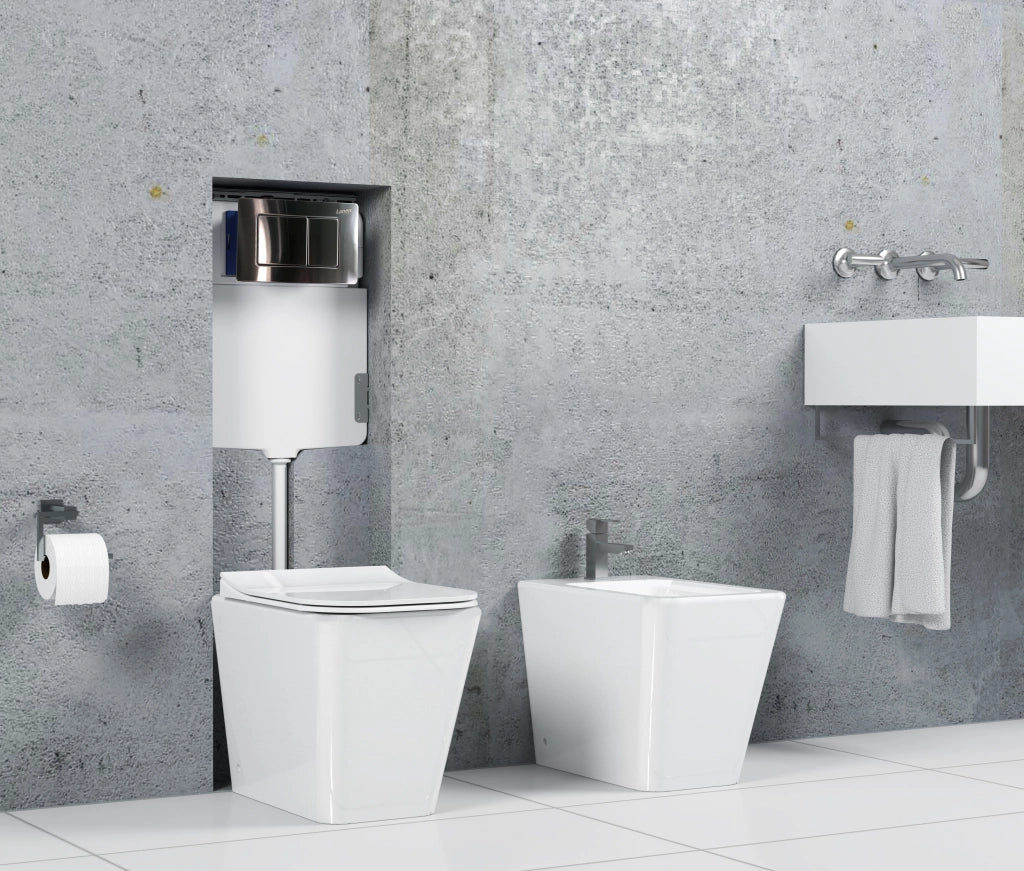 Cassetta da incasso per wc vaso a terra con placca di comando in acciaio inox doppio pulsante completa