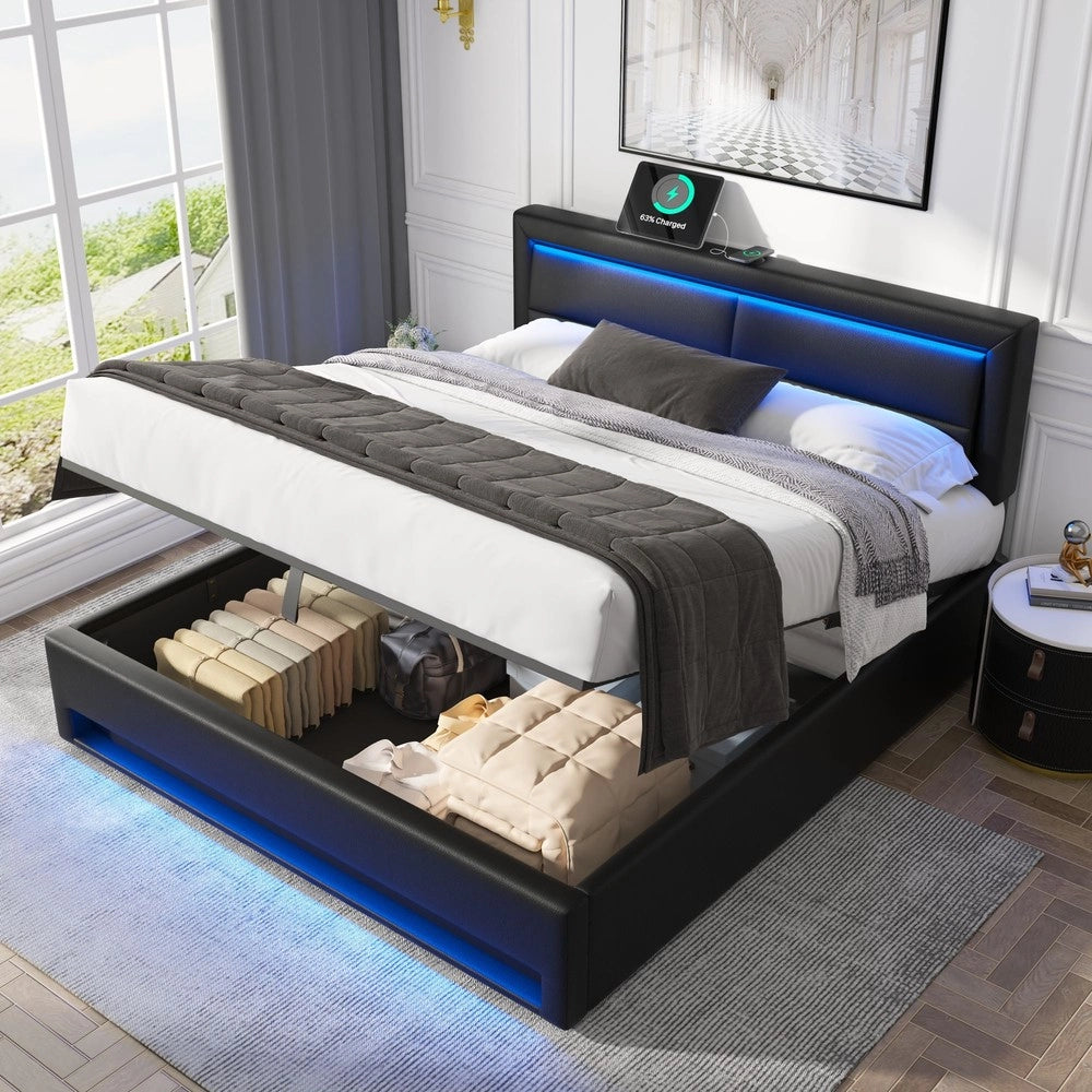 Letto Imbottito con LED e Contenitore ¨C MINIMAL ¨C 140x200, USB, Similpelle Nera