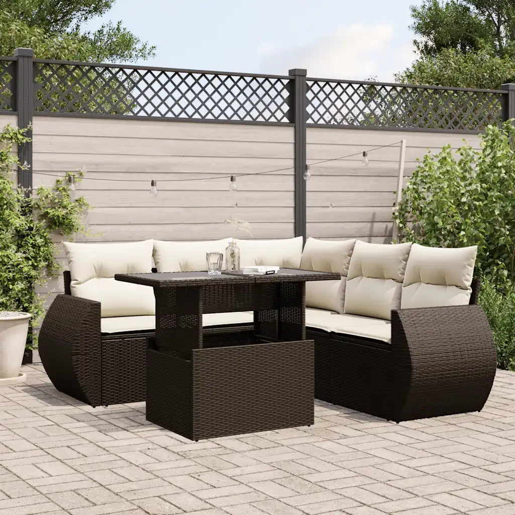 Set Divano da Giardino 6 pz con Cuscini Marrone in Polyrattan