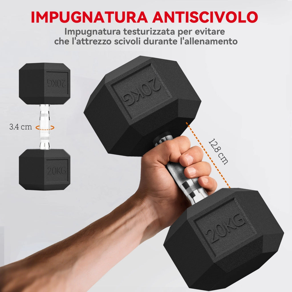 Manubrio Esagonale 20kg ¨C Minimal ¨C Acciaio e Gomma Nero
