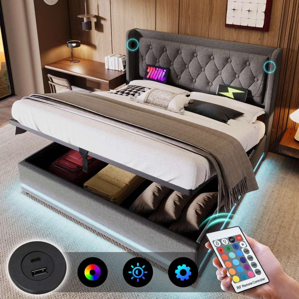 LETTO contenitore 160x200 cm in cotone grigio con LED, USB, Type-C e materasso