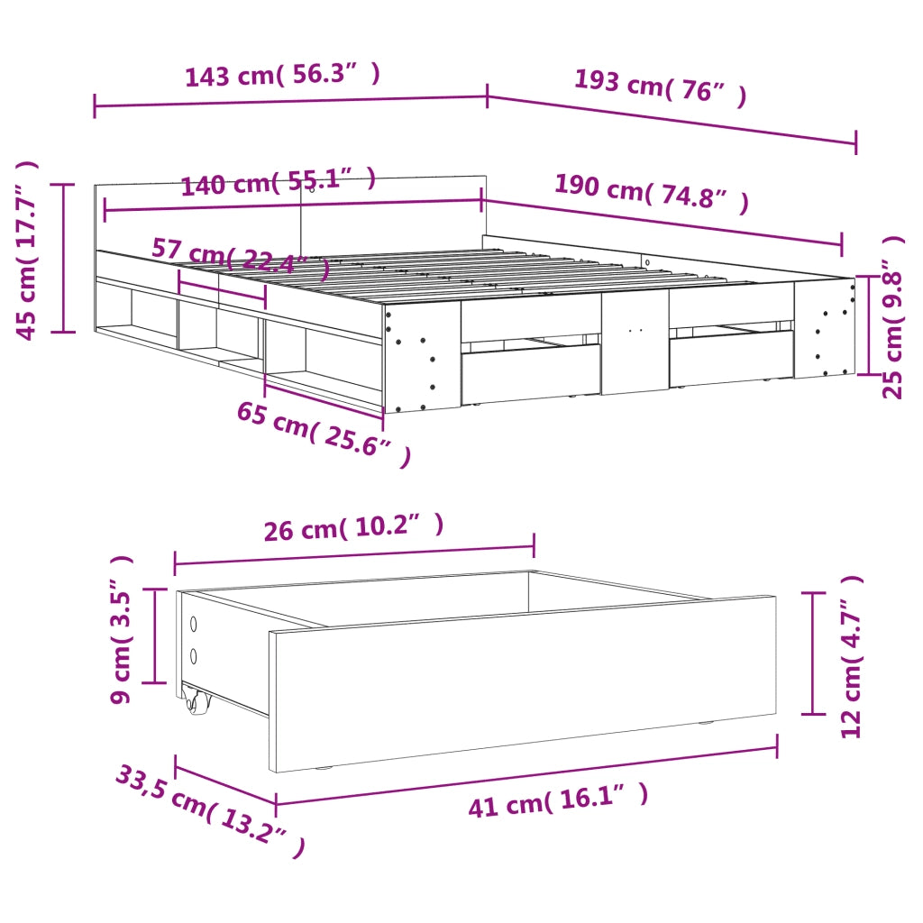 Letto matrimoniale | Letto per adulti | Giroletto con Cassetti Bianco 140x190 cm in Legno Multistrato