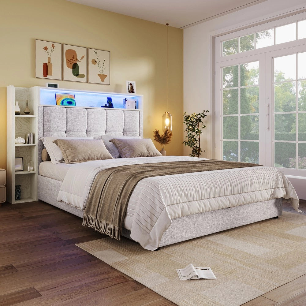 Letto Imbottito con LED e Contenitore ¨C MINIMAL ¨C Tessuto Beige 90x200