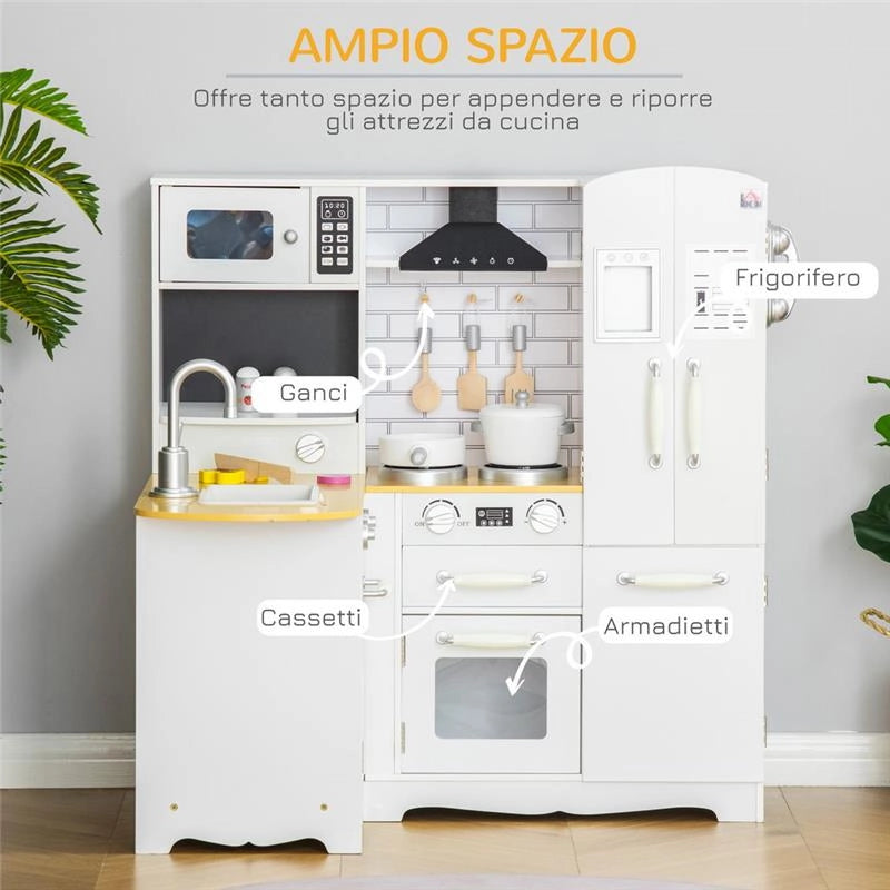 CUCINA GIOCATTOLO PER BAMBINI 3-6 ANNI IN LEGNO CON SUONI E 14 ACCESSORI BIANCA