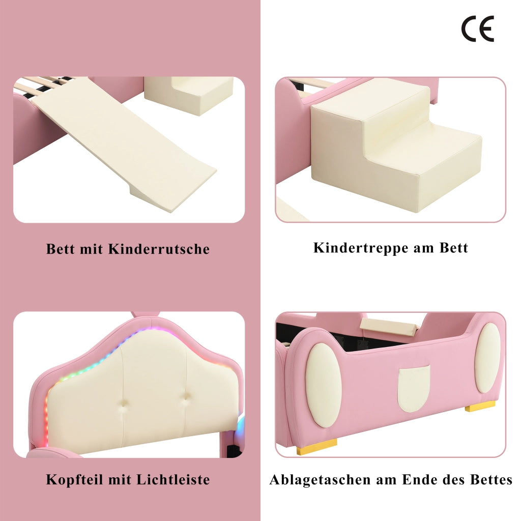 Letto per Bambini 90x200 cm - LED Multimodale; Scivolo e Scala - in PU - Rosa